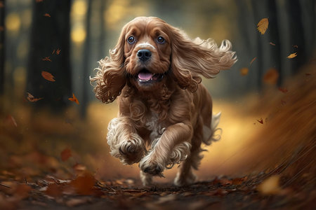 Cocker spaniel in autumn forest. Generative AI.の素材