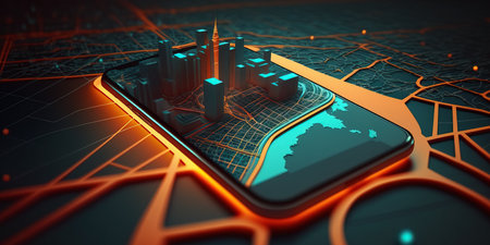 GPS map, digital pin address location on mobile apps. Generative AI.の素材