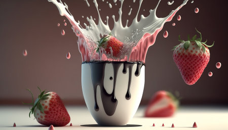 Delicious strawberries dropping into milk and ice cream. Generative AI.の素材