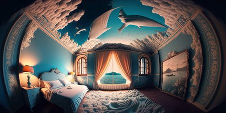 Magical impossible bedroom, surreal mystical fantasy artwork. Generative AI.の素材