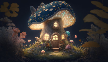 Mushroom house in the Enchanted Woods. Surreal mystical fantasy artwork. Generative AI.の素材