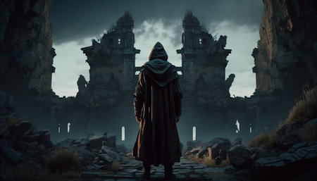 Enigmatic monk standing front of Haunted scarry Castle. Generative AI.の素材