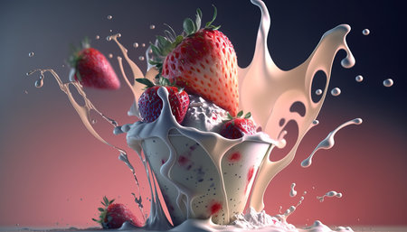 Delicious strawberries dropping into milk and ice cream. Generative AI.の素材