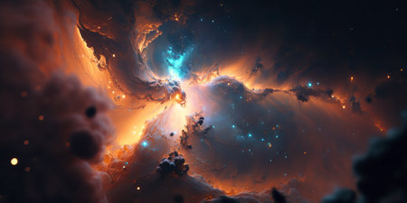 Space background with stardust and shining stars. Realistic cosmos and color nebula. colorful galaxy. Generative AI.の素材