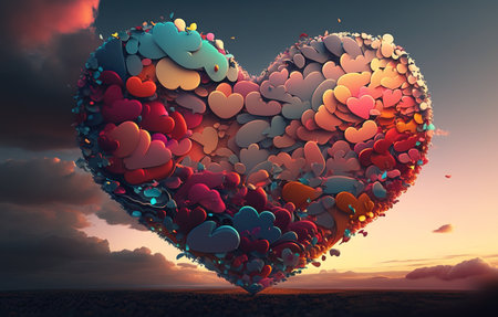 Valentine's heart. Lovely colorful heart shaped clouds in the sky. Surreal mystical fantasy artwork. Generative AI.の素材