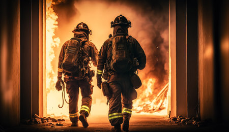 Firefighters work on fire. firemen walk in building. Generative AI.の素材