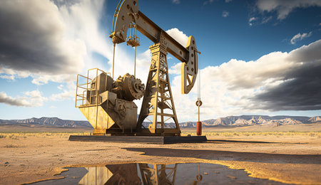 Oil pumpjack on oil well in sandy desert. Generative AI.の素材