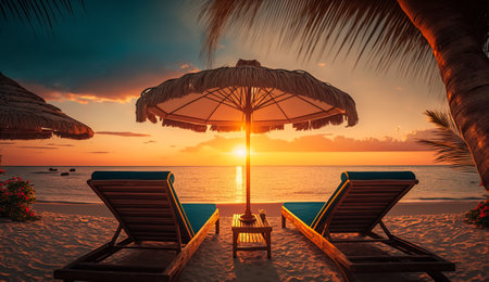 Tropical sunset scenery, two sun beds, loungers, umbrella under palm tree. Generative AI.の素材