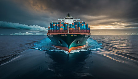 Global business import export commerce trade logistics and transportation worldwide by container cargo ship. Generative AI.の素材