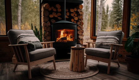 Beautiful interior, fireplace with comfortable armchairs, Generative AI.の素材