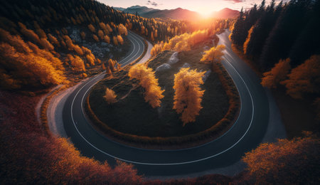 Aerial drone view of a winding road among a beautiful autumn forest at sunset. Generative AI.の素材