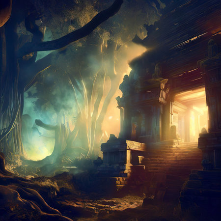 Temple in fantasy forest at night, old ruins and magic light, Surreal mystical fantasy artwork. Generative AI.の素材