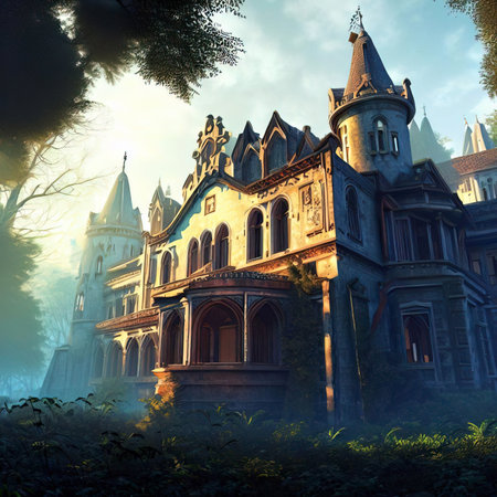 Gorgeous abandoned medieval mansion in a fairytale forest. Surreal mystical fantasy artwork. Generative AI.の素材