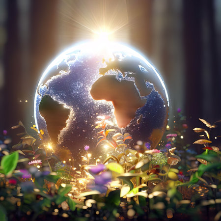 Earth growing in the Woods with plants and flowers, Earth Day concept, Generative AI.の素材