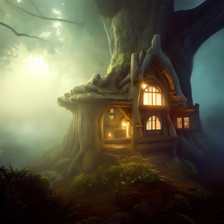 Fantasy house in misty forest, fairy tale hut in tree trunk, Surreal mystical fantasy artwork. Generative AI.の素材