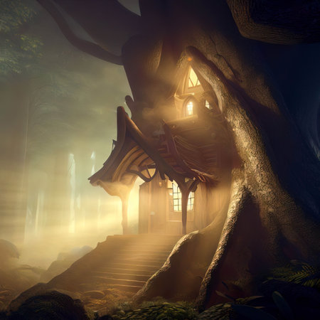 Fantasy house in misty forest, fairy tale hut in tree trunk, Surreal mystical fantasy artwork. Generative AI.の素材