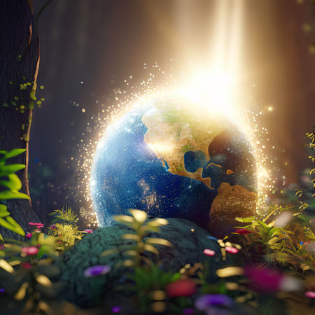 Earth growing in the Woods with plants and flowers, Earth Day concept, Generative AI.の素材