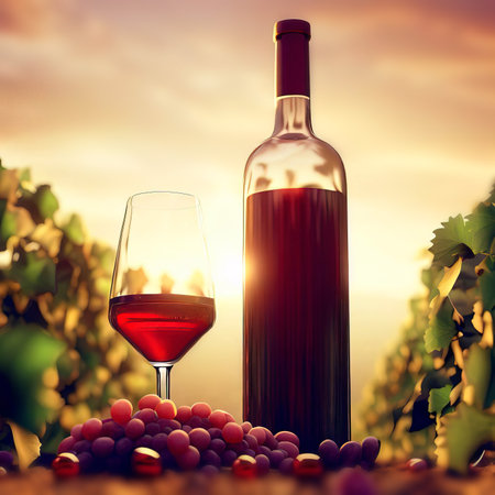 Illustration of wine bottle and glass of wine in vineyard, Generative AI.の素材