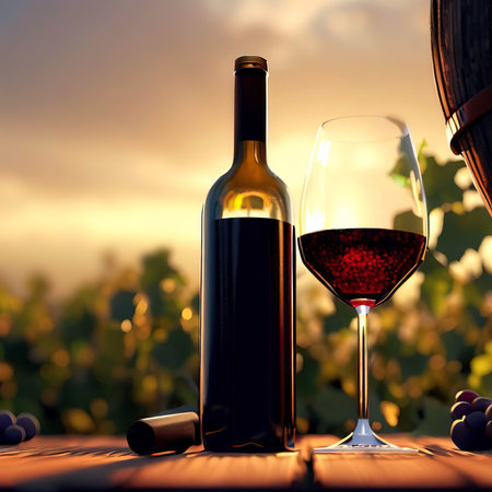 Illustration of wine bottle and glass of wine in vineyard, Generative AI.の素材