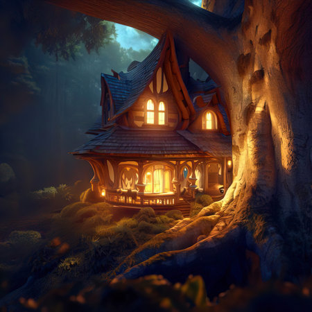 Fantasy house in forest, fairytale home in tree trunk at night, Surreal mystical fantasy artwork. Generative AI.の素材