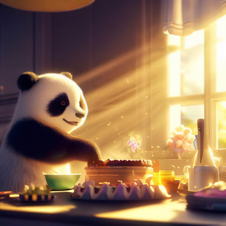 A panda bear baking a cake in a sunny kitchen, digital art, RAW photo, masterpiece of realism. Generative AI.の素材