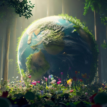 Earth growing in the Woods with plants and flowers, Earth Day concept, Generative AI.の素材
