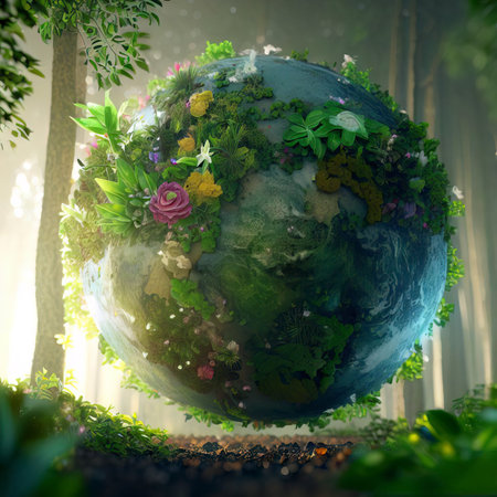 Earth growing in the Woods with plants and flowers, Earth Day concept, Generative AI.の素材