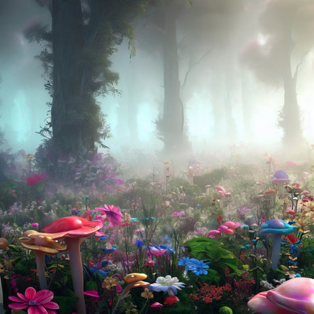Beautiful Imaginary woodland filled with flowers, mushrooms, and fog. Generative AI.の素材