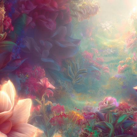 Beautiful Fabulous mystical Paradise Garden, mysterious Fairy Tale Summer floral Background. Generative AI.の素材