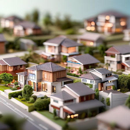Modern generic contemporary style miniature model of villa house neighborhood with tilt-shift focus technique, Generative AI.の素材