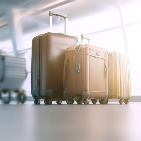 Luggage suitcases at the airport wide banner with copy space area for vacations and holiday travel concepts, Generative AI.の素材