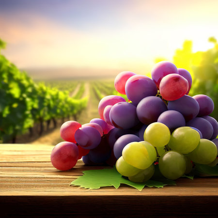 Fresh grapes fruits bunch on wooden table with vineyard field on morning sunshine background, Generative AI.の素材