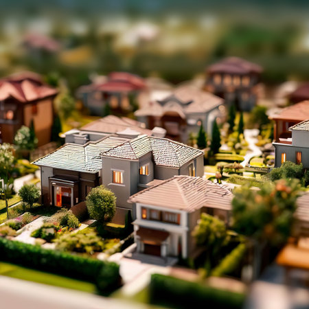 Modern generic contemporary style miniature model of villa house neighborhood with tilt-shift focus technique, Generative AI.の素材