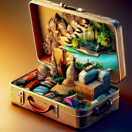 Vacation travel time, open travel suitcase with exotic destination inside, Generative AI.の素材