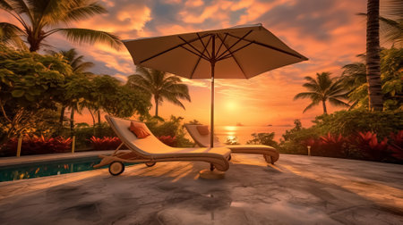 Tropical sunset scenery, two sun beds, loungers, umbrella under palm tree. Generative AI.の素材
