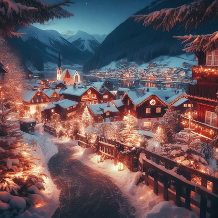 Cozy city in a fairy illuminated christmas winter wonderland, cinematic landscape. Generative AI.