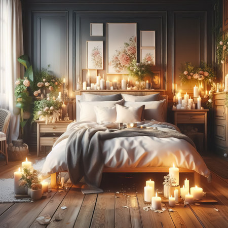 Beautiful Cozy bedroom with aroma candles and flowers, Generative AI.の素材