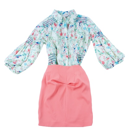 Print blouse and pink skirt fashion look composition, isolated on white backgroundの写真素材