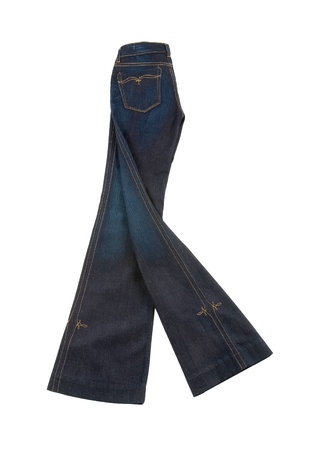 Ornamental seamed flared blue jeans isolated on white backgroundの写真素材