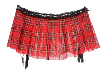 Red transparent tartan mini skirt with suspenders and black crochet picot, isolated on white background  Clipping path included の写真素材