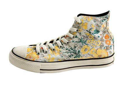 Flowers print white sneaker bootie isolated on white background. Clipping path included.の写真素材