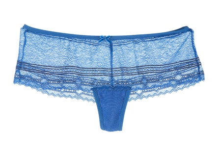 Light blue cute delicate lacework panties isolated on white background. Clipping path included.の写真素材