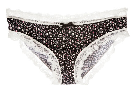 white lacework tiny flowers black panties isolated on white background  Clipping path included の写真素材