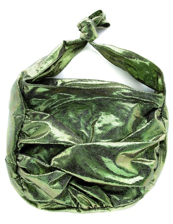 Green crackle iridescent metallized leather purse isolated on white background の写真素材