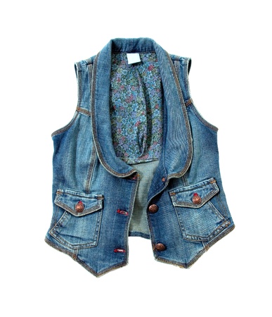 Blue denim vest with flowers lining and bronze ornated buttons isolated on white background  Clipping path included の写真素材