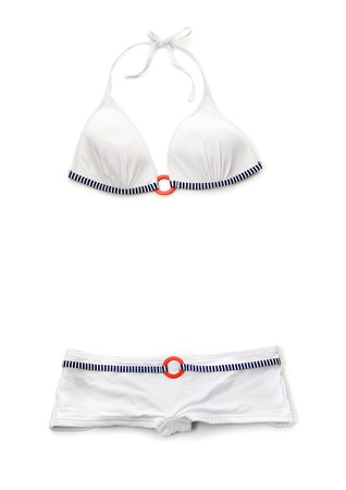 Maritime motifs striped white bikini isolated on white background の写真素材