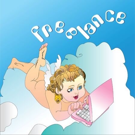 illustration baby angel behind the laptopのイラスト素材