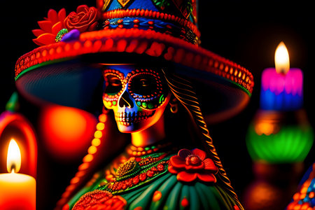Day of the Dead, Sugar skull with colorful candles in background.の素材