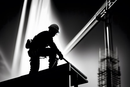 Silhouette of a construction worker on a building site. Black and white photo.の素材