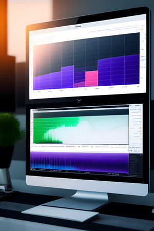 Modern computer screen with stock market charts. 3d render illustration.の素材